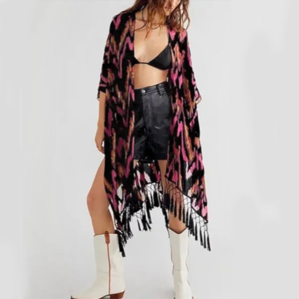 Free People - Dripping Velvet Burnout Black Rose Pink Tassel Kimono - One Size